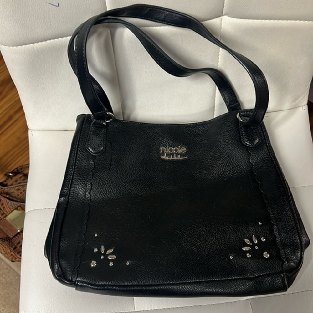 Nicole Miller, black and embellished purse with silver accent and hardware